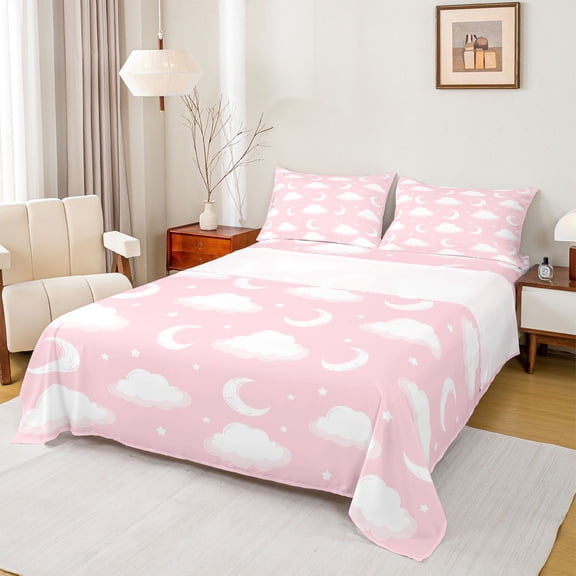 jejeloiu Kawaii Moon Clouds Bed Sheets,Cure Stars Pattern King Sheets For Girl Teens 4-Piece