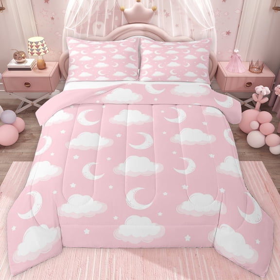 jejeloiu Kawaii Moon Clouds Twin Comforter Sets,Cure Stars Pattern Bedding Set For Girl Teens Reversible 2-Piece