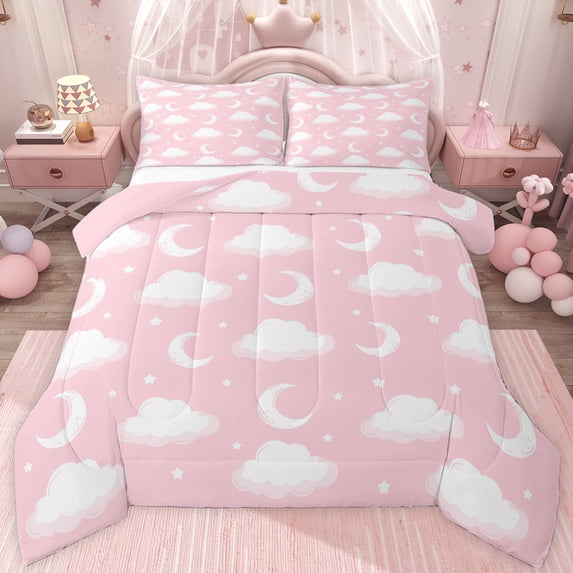 jejeloiu Kawaii Moon Clouds Twin Comforter Sets,Cure Stars Pattern Bedding Set For Girl Teens Reversible 2-Piece