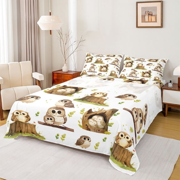 jejeloiu Kawaii Owl Bed Sheets,Cartoon Animal King Sheets For Teens 4 Pieces