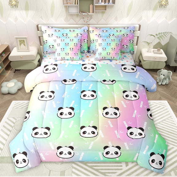 jejeloiu Kawaii Panda Head 7-Piece Twin Bedding Sets,Cartoon Animal Bedding Comforter Set,Gradient Colorful Sheet Sets For Girls Boys,Super Cozy Room Decor Reversible