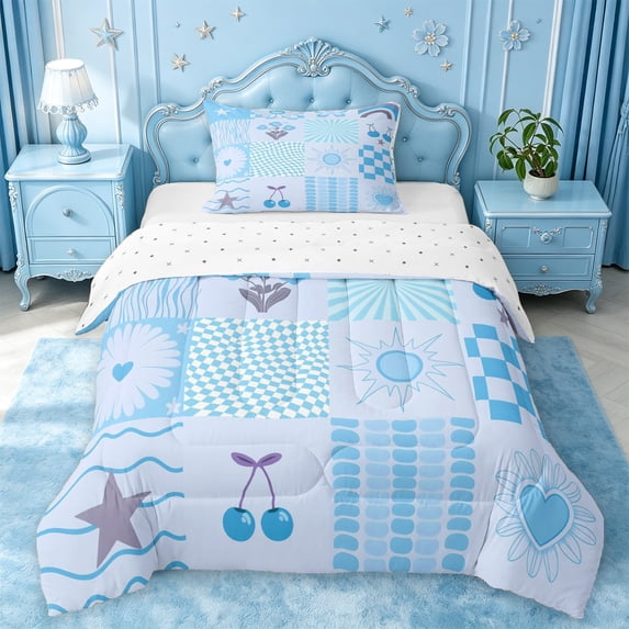 jejeloiu Kawaii Patchwork Twin Comforter Sets For Girls,Pastel Print Bedding Set,Blue White,Reversible,2pcs,1 Comforter and 1 Pillowcase