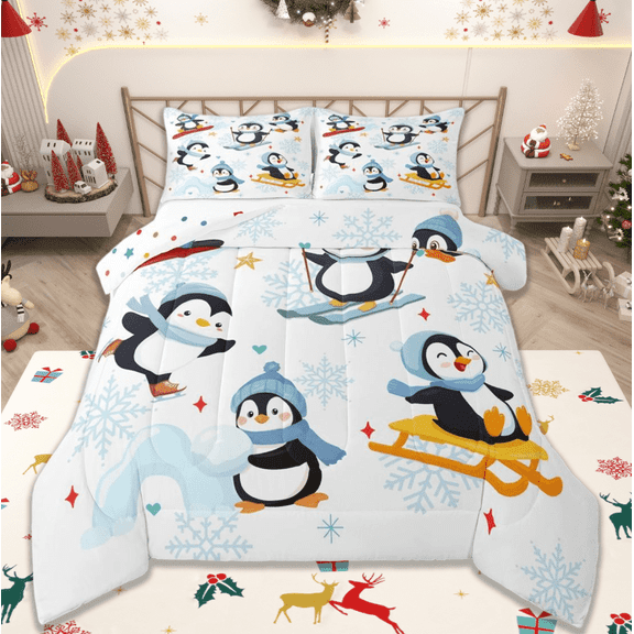 jejeloiu Kawaii Penguin Full Size Comforter Sets,Cartoon Character Skiing Bedding Comforter Set,Winter Snowflake Bedding Sets For Teens,Ultra Soft Home Decor Reversible,3-Piece