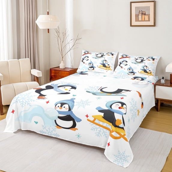 jejeloiu Kawaii Penguin Queen Sheet Sets,Cartoon Character Skiing Flat Sheet,Winter Snowflake Queen Fitted Sheet For Teens,Ultra Soft Home Decor,4 Pieces