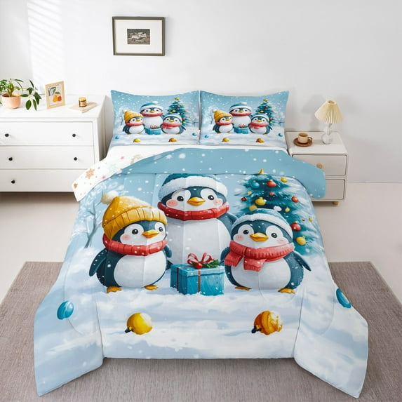 jejeloiu Kawaii Penguin Merry Christmas Happy New Year Full Comforter Set,Reversible Super Cozy Kids Bedding,3pcs