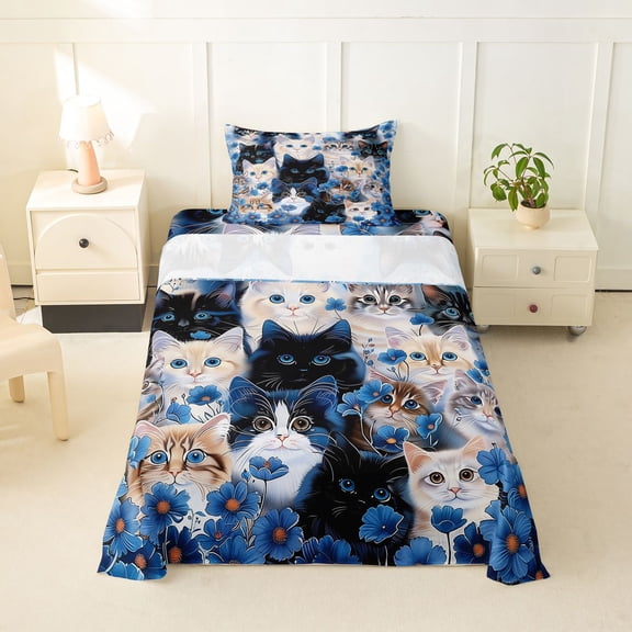 jejeloiu Kawaii Pet Cat Twin Sheet Sets Kids,Blue Floral Bedding,3pcs