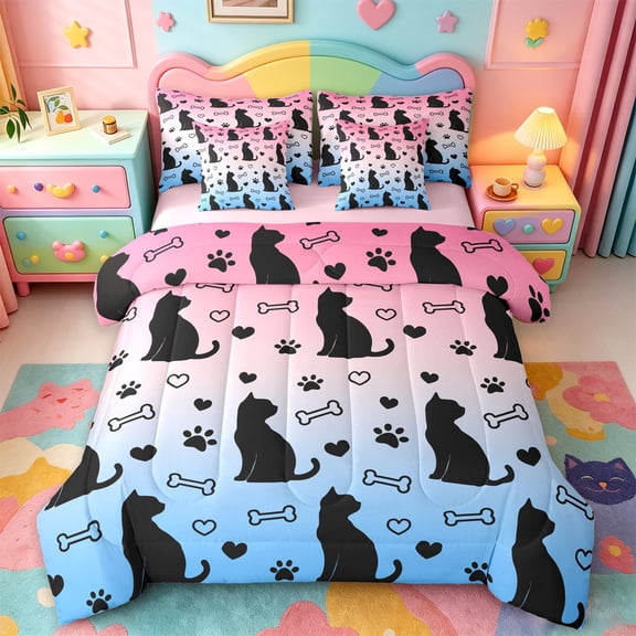 jejeloiu Kawaii Pet Paw Print 7-Piece Twin Bedding Sets For Kids,Cartoon Cat Silhouette Bedding Comforter Set For Girl,Reversible