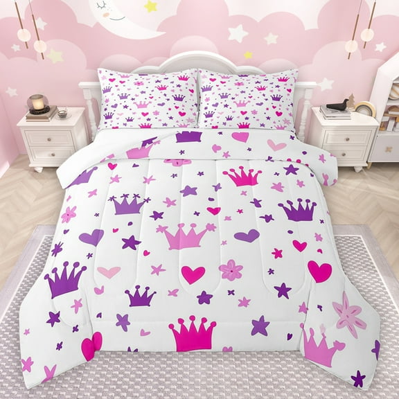 jejeloiu Kawaii Princess Crown Bedding Comforter Set,Fairy Tale Theme Twin Comforter Sets,Pink Purple Loves Stars Bedding Set For Girls Kids,Ultra Soft Home Decor,2 Pieces