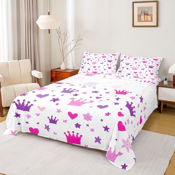 jejeloiu Kawaii Princess Crown Queen Sheet Sets,Fairy Tale Theme Flat Sheet,Pink Purple Loves Stars Queen Fitted Sheet For Girls Kids,Ultra Soft Home Decor,4-Piece