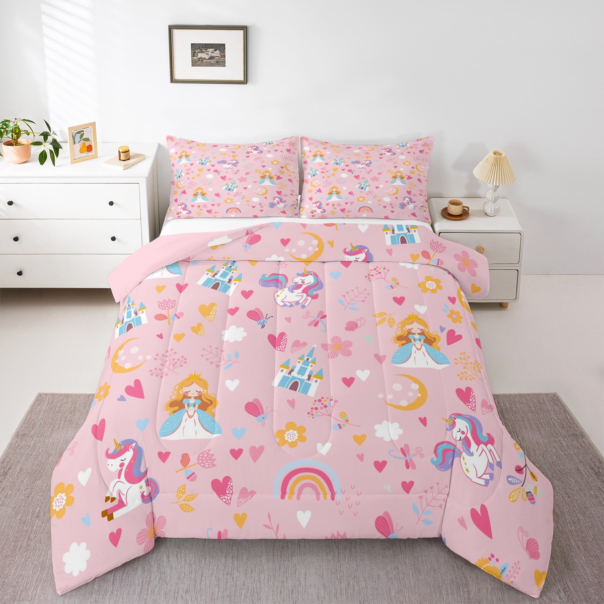 jejeloiu Kawaii Princess Queen Comforter Set,Fairy Tale Castle Bedding ...