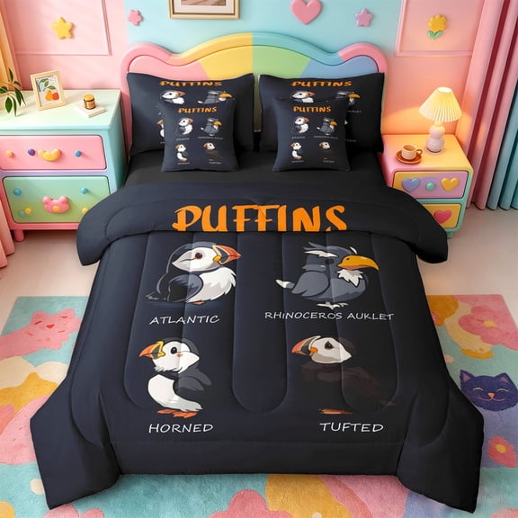 jejeloiu Kawaii Puffin 7 Pieces Bedding Comforter Set Kids,Wild Seagull Bird Full Bedding Set For Boys,Reversible