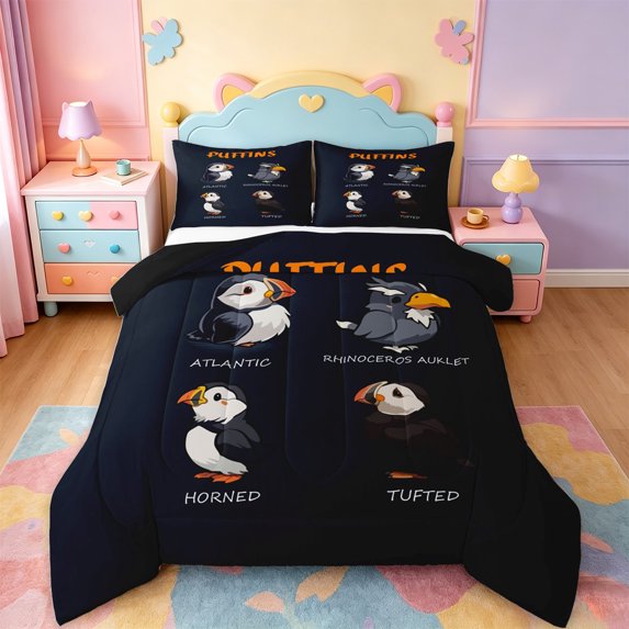 jejeloiu Kawaii Puffin Queen Comforter Set Kids,Wild Seagull Bird Bedding Comforter Set For Boys,Reversible,3-Piece