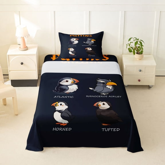 jejeloiu Kawaii Puffin Twin Sheet Sets Kids,Wild Seagull Bird Bedding For Boys,3 Pieces