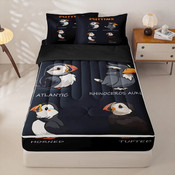 jejeloiu Kawaii Puffin Zipper Full Size Comforter Sets with Fitted Sheet and 2 Pillowcases Kids,Wild Seagull Bird Zipper Bedding Set For Boys,Reversible,4 Pieces