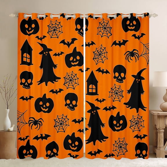 jejeloiu Kawaii Pumpkin Bats Blackout Curtains Set of 2 (52x84 Each),Happy Halloween Window Curtains,Orange Beige Stars Curtains and Drapes For Child,Microfiber Bedroom Decor