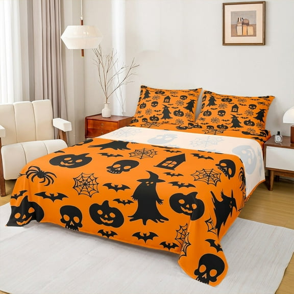 jejeloiu Kawaii Pumpkin Bats Twin Sheet Sets,Happy Halloween Twin Fitted Sheet,Orange Beige Stars Flat Sheet For Child,Microfiber Bedroom Decor,3 Pieces