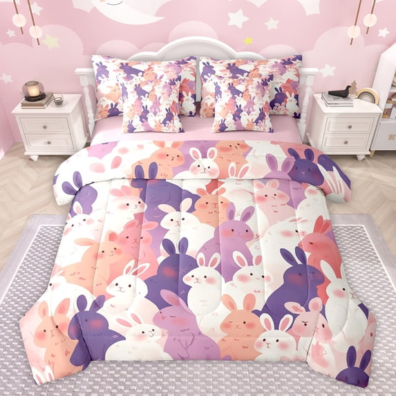 jejeloiu Kawaii Rabbit 7-Piece Twin Bedding Sets,Cartoon Animal Bedding Comforter Set,Pink Purple White Sheet Sets For Girls Kids,Super Cozy Room Decor Reversible
