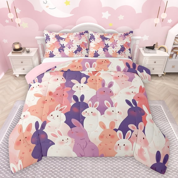 jejeloiu Kawaii Rabbit Bedding Comforter Set,Cartoon Animal Twin Comforter Sets,Pink Purple White Bedding Set For Girls Kids,Super Cozy Room Decor Reversible,2-Piece