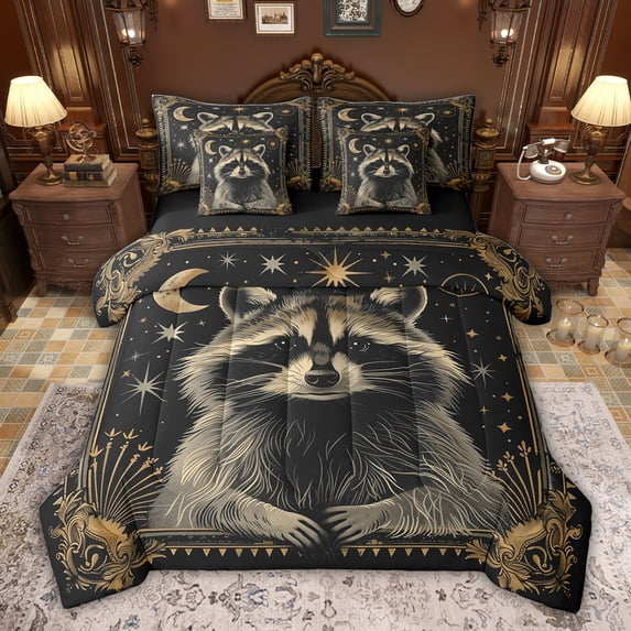 jejeloiu Kawaii Raccoon 7 Pieces Bedding Comforter Set,Jungle Animals Full Bedding Set For Boys Kids Reversible