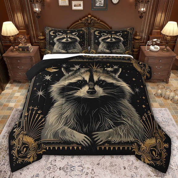 jejeloiu Kawaii Raccoon Queen Comforter Set,Jungle Animals Bedding Comforter Set For Boys Kids Reversible 3-Piece