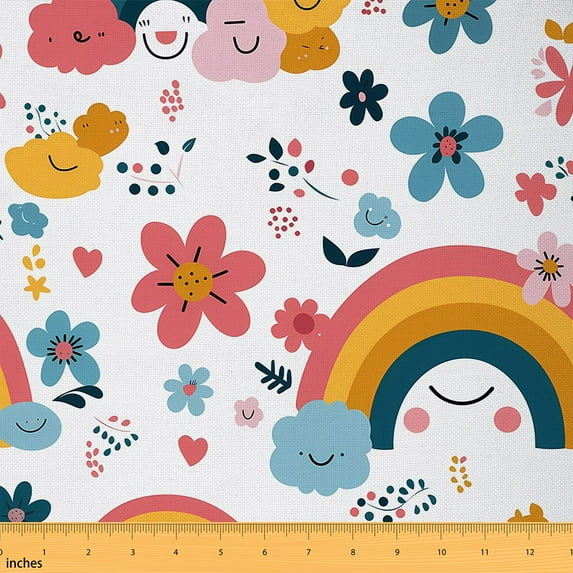 jejeloiu Kawaii Rainbow Flower Fabric by the Yard 1 Yard,Boho Bohemain Floral Home Decor Fabric by the Yard,Cartoon Clouds Sewing Fabric For Princess,Luxury Bedroom Decor