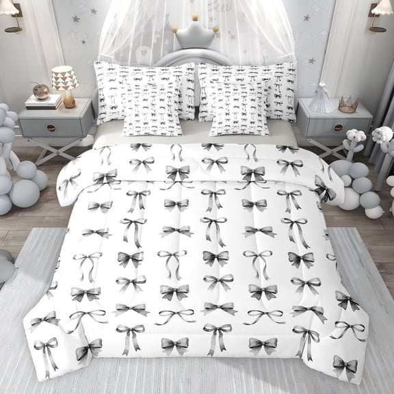 jejeloiu Kawaii Ribbon Bow 7-Piece Twin Bedding Sets,Gray White Bedding Comforter Set For Girl Kids Reversible