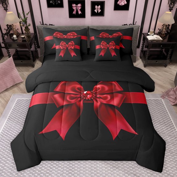 jejeloiu Kawaii Ribbon Bow 7-Piece Twin Bedding Sets,Happy Valentine's Day Bedding Comforter Set For Girl Kids Reversible