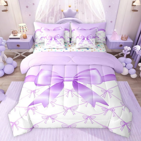 jejeloiu Kawaii Ribbon Bow 7-Piece Twin Bedding Sets,Purple Cartoon Bowknot Bedding Comforter Set For Girl Kids Reversible