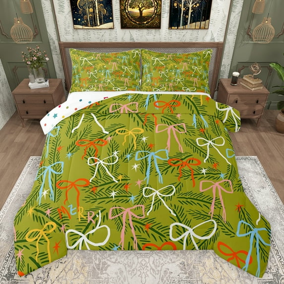 jejeloiu Kawaii Ribbon Bow Queen Comforter Set,Cartoon Cute Bowtie Bedding Sets,Colorful Bowknot Bedding Comforter Set For Kids,Microfiber Bedroom Decor Reversible,3-Piece