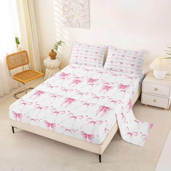jejeloiu Kawaii Ribbon Bowknot Full Size Sheets,Pink Bows Bed Sheets For Bowtie Girls 4pcs