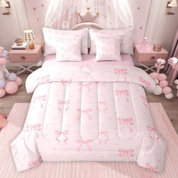 jejeloiu Kawaii Ribbon Bowtie 7-Piece Twin Bedding Sets,Pink Heart Print Bedding Comforter Set For Girl Kids Reversible