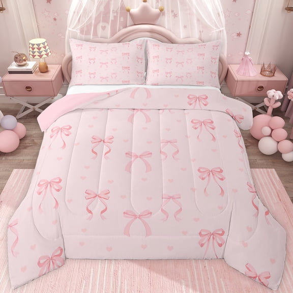 jejeloiu Kawaii Ribbon Bowtie Queen Comforter Set,Pink Heart Print Bedding Comforter Set For Girl Kids Reversible 3 Pieces