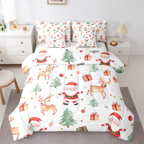 jejeloiu Kawaii Santa Claus Bedding Comforter Set 7-Piece,Merry Christmas King Bedding Sets,Xmas Reindeer Gifts Bed Sheets For Children,Lightweight Room Decor Reversible