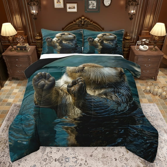 jejeloiu Kawaii Sea Otter Full Size Comforter Sets,Cartoon Animal Bedding Comforter Set,Blue Brown Bedding Sets For Boys Teens,Luxury Bedroom Decor Reversible,3pcs