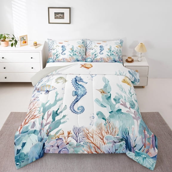 jejeloiu Kawaii Seahorse Queen Comforter Set,Underocean Animal Fish Bedding Sets,Watercolor Coral Bedding Comforter Set For Children,Luxury Bedroom Decor Reversible,3 Pieces