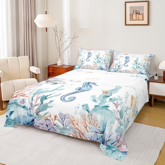 jejeloiu Kawaii Seahorse Queen Sheet Sets,Underocean Animal Fish Flat Sheet,Watercolor Coral Queen Fitted Sheet For Children,Luxury Bedroom Decor,4 Pieces
