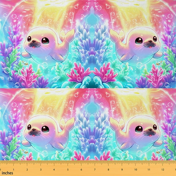 jejeloiu Kawaii Seal Fabric by the Yard 1 Yard,Cartoon Ocean Animal Home Decor Fabric by the Yard,Watercolor Coral Sewing Fabric For Girls,Ultra Soft Home Decor