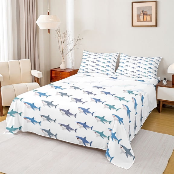 jejeloiu Kawaii Shark Bed Sheets,Sea Ocean Animal King Sheets For Boy Teens 4-Piece