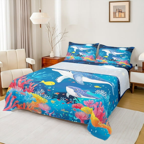 jejeloiu Kawaii Shark Goldfish Queen Sheet Sets,Underocean Animal Coral Flat Sheet,Multicolor Underwater World Queen Fitted Sheet For Children,Luxury Bedroom Decor,4 Pieces