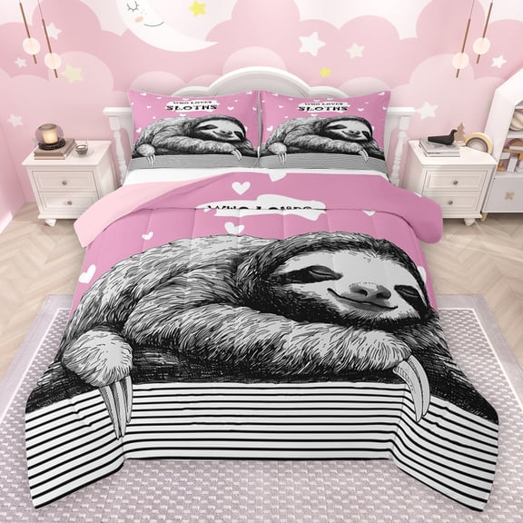 jejeloiu Kawaii Sloth Lovers Queen Comforter Set,Zoo Animal Bedding Sets,Pink Gray White Bedding Comforter Set For Girls,Ultra Soft Home Decor Reversible,3-Piece