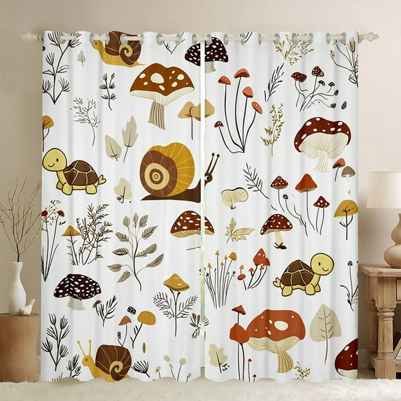 jejeloiu Kawaii Snail Turtle Blackout Curtains Set of 2 (52x84 Each),Rustic Mushroom Fuflower Window Curtains,White Brown Curtains and Drapes For Girls Kids,Super Cozy Room Decor