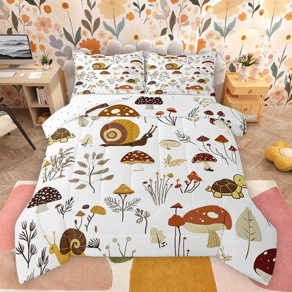 jejeloiu Kawaii Snail Turtle Queen Comforter Set,Rustic Mushroom Fuflower Bedding Sets,White Brown Bedding Comforter Set For Girls Kids,Super Cozy Room Decor Reversible,3 Pieces