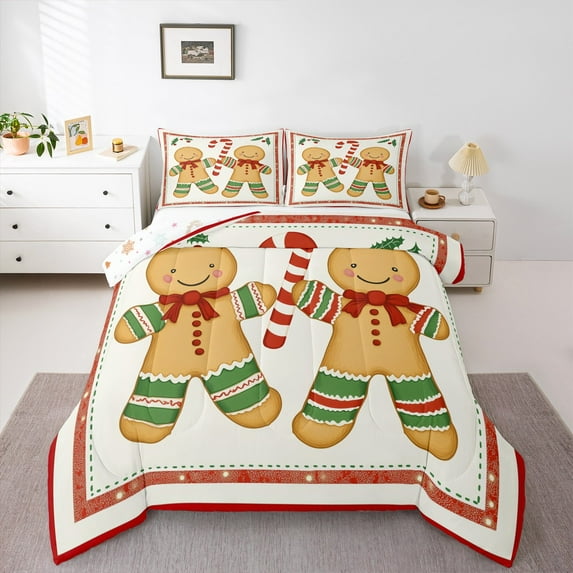 jejeloiu Kawaii Snowmen Cookie Bedding Comforter Set,Merry Christmas Twin Comforter Sets,Red Khaki Green Bedding Set For Girl,Red White Home Decor Reversible,2pcs
