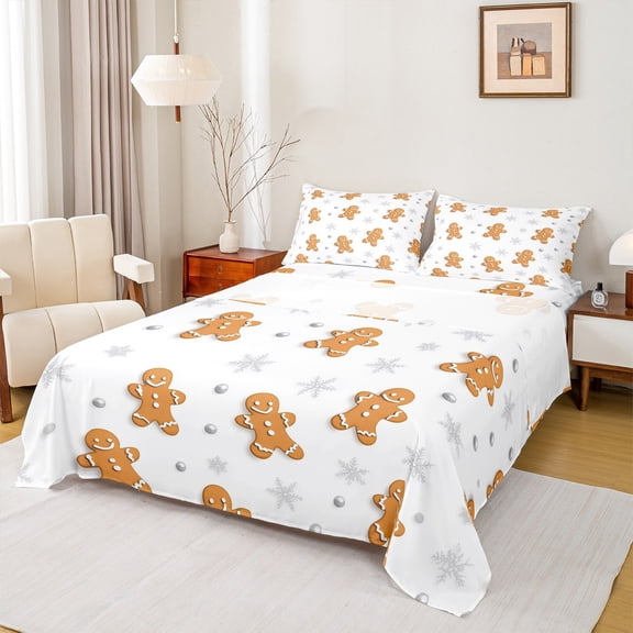 jejeloiu Kawaii Snowmen Cookie Twin Sheet Sets,Merry Christmas Twin Fitted Sheet,Sweet Dessert Biscuit Flat Sheet For Children,Super Cozy Room Decor,3 Pieces