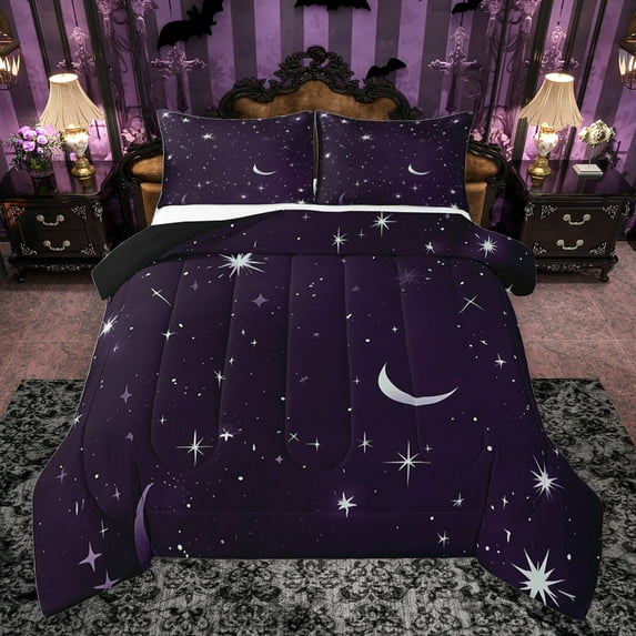 jejeloiu Kawaii Stars Print Queen Comforter Set,Galaxy Planet Moon Bedding Sets,Purple Silver Bedding Comforter Set For Adults,Ultra Soft Home Decor Reversible,3-Piece