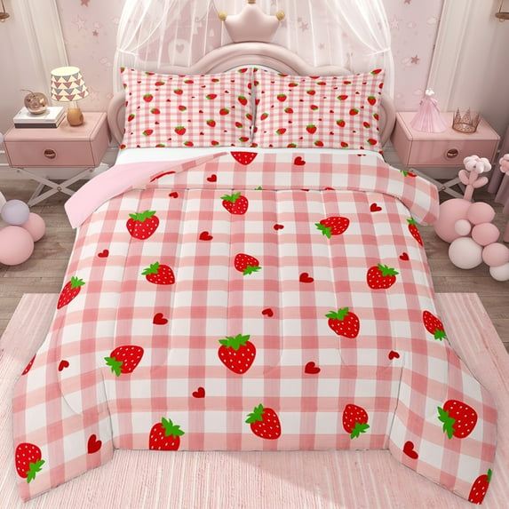 jejeloiu Kawaii Strawberry Twin Comforter Sets,Red White Geometric Plaid Bedding Set For Girls Kids Reversible 2pcs