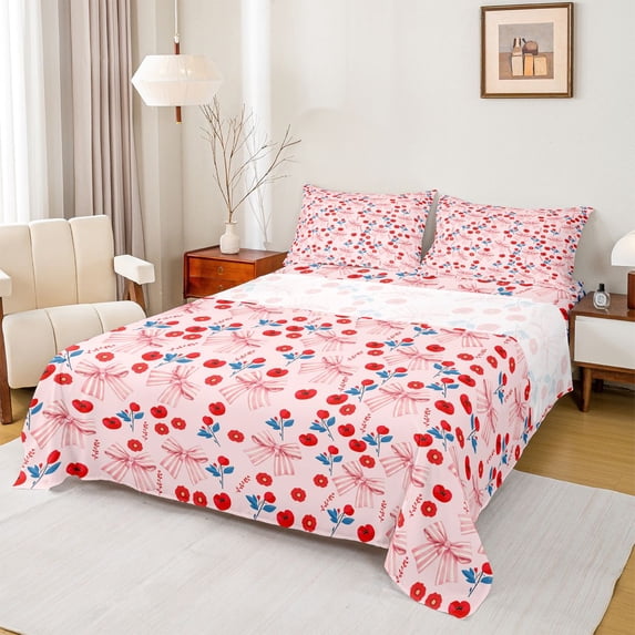 jejeloiu Kawaii Stripe Bowtie Bed Sheets,Red Cute Cherry King Sheets For Girl 4pcs