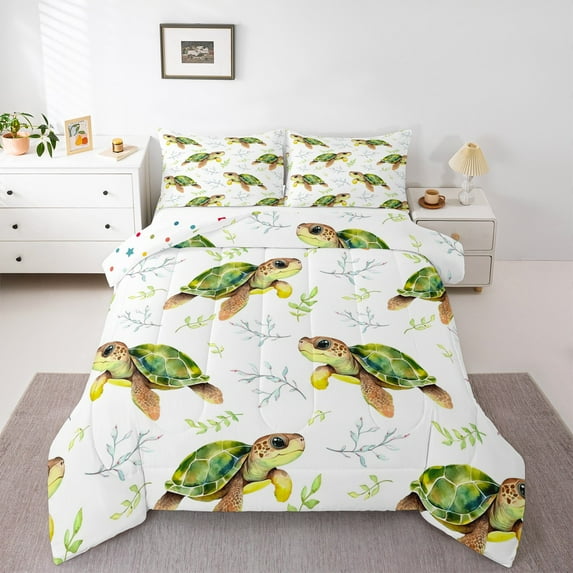 jejeloiu Kawaii Turtle Bedding Comforter Set,Ocean Sea Animal Twin Comforter Sets,Green White Brances Bedding Set For Boys Girl,Ultra Soft Room Decoration Reversible,2-Piece