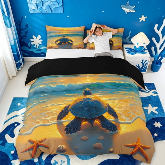 jejeloiu Kawaii Turtle Starfish Queen Duvet Cover Set Kids,Ocean Beach Coastal Style Bedding,Reversible,3-Piece(No Comforter)