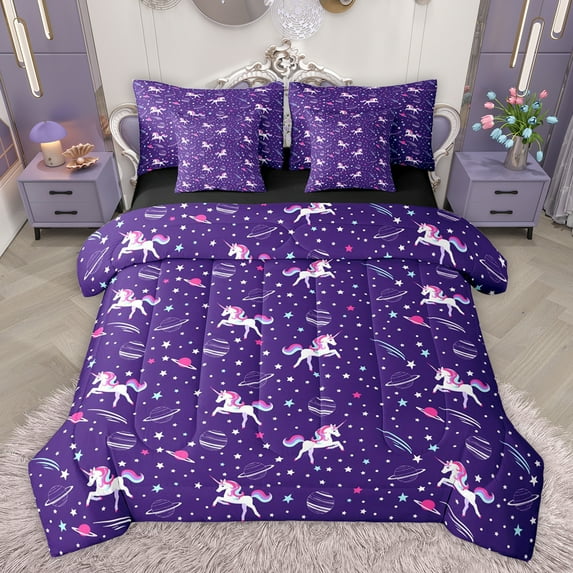 jejeloiu Kawaii Unicorn 7pcs Bedding Comforter Set,Cute Planet Stars Queen Bedding Sets,Purple Pink White Queen Sheet Sets For Girls,Microfiber Bedroom Decor Reversible